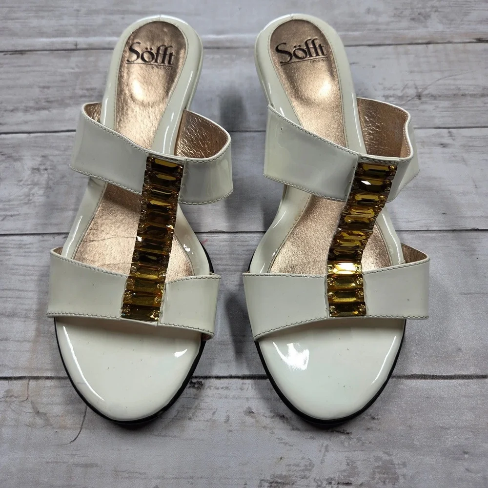 Sofft Crystal Embellished Patent Leather Wedge Sandal Women 9W Cream Jewel Slide